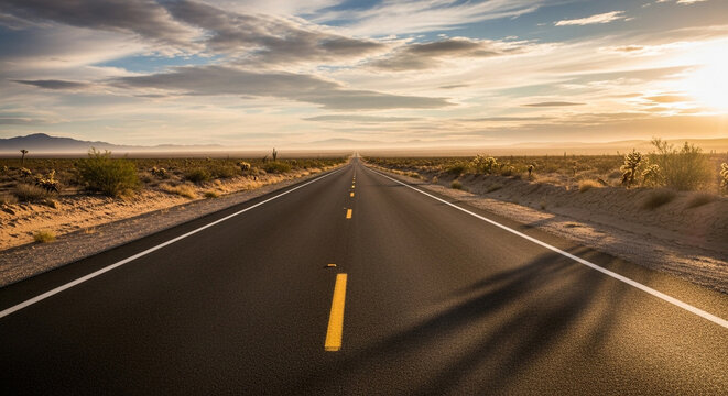 A long road stretches into the distance through a desert landscape at sunset, with the sun setting on the horizon and casting a warm glow over the scene - Powered by Adobe