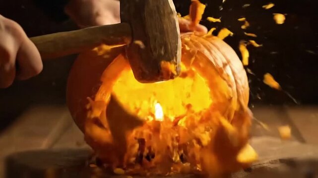 dramatic scene of a jack o lantern being smashed with a hammer, shards and pulp scattering in cinematic slow motion