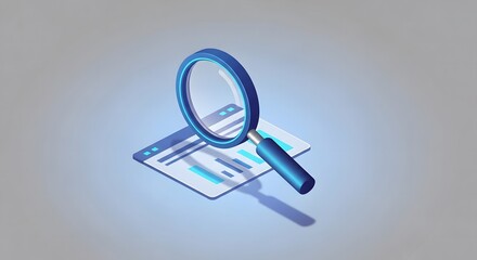 Isometric view of a magnifying glass exploring a digital interface, representing online search, data analysis, and information discovery for technology