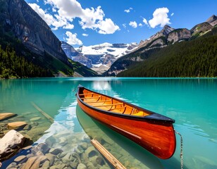 Serene lake with a canoe