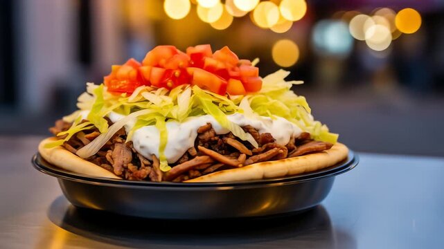 Close Up Still Life of a Gyro Plate with Diced Tomatoes Lettuce and Tzatziki Sauce on a Plate with a Blurred Bokeh Background