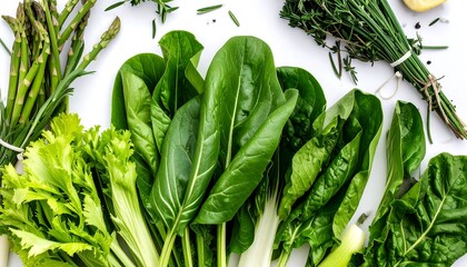 Fresh green vegetables on white background