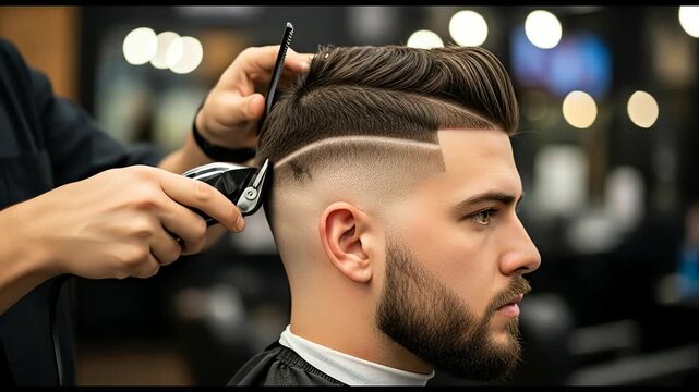 Barber Giving Man Fade Haircut with Trimmer in Barbershop with Blurred Background and Soft Lighting