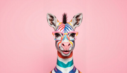 Colorful giraffe with painted stripes and stylish glasses against a pink background