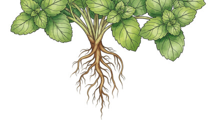 Mint plant with its root system exposed, showcasing the intricate network of roots beneath the soil.
