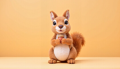 Cute cartoon squirrel holding an acorn on a warm yellow background