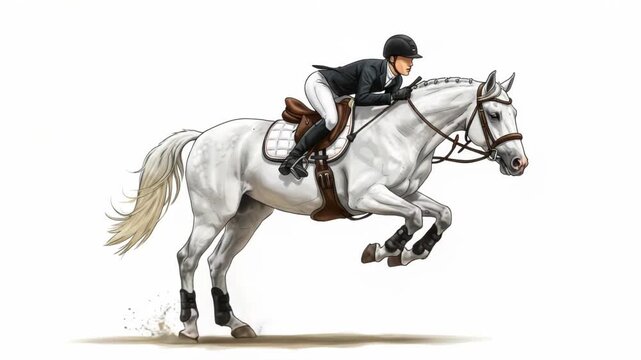 Female equestrian rider on a white horse jumping, isolated on white background