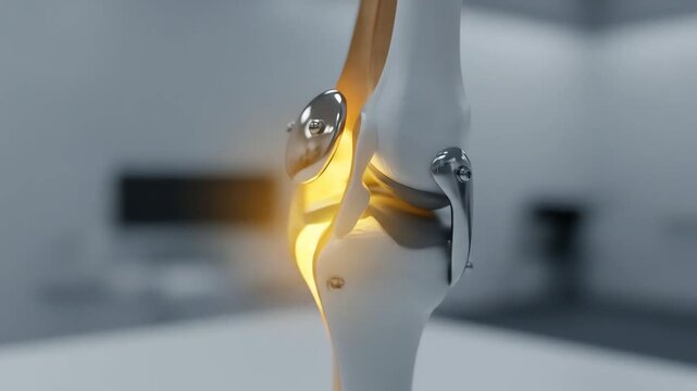 Detailed Medical Visualization of a Knee Replacement with Metallic Components and Bone Structure in a Clean White Surgical Room Setting with Soft Lighting