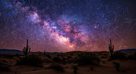 The milky way illuminates the desert night, a stunning display of celestial beauty over cacti and sand, capturing the magic of the cosmos in the wilderness