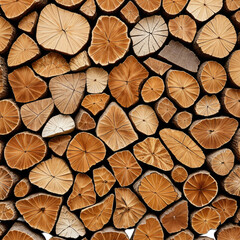 Fototapeta premium Close-up view of neatly stacked firewood, showing wood grain and textures