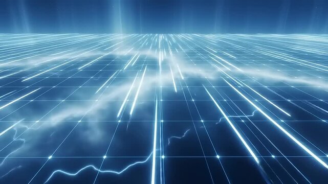 Digital abstract landscape with vibrant neon grid lines representing a futuristic terrain in deep space