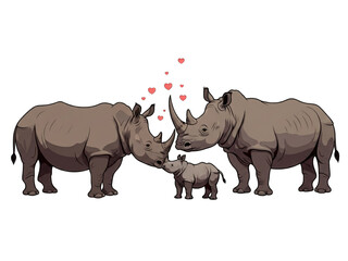loving rhinoceros family with a mother, father, and their cute baby calf isolated on a white background.