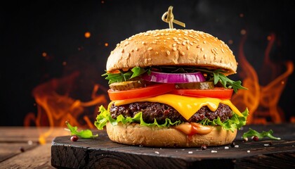 Delicious gourmet burger with fresh ingredients and a fiery background, ready to eat