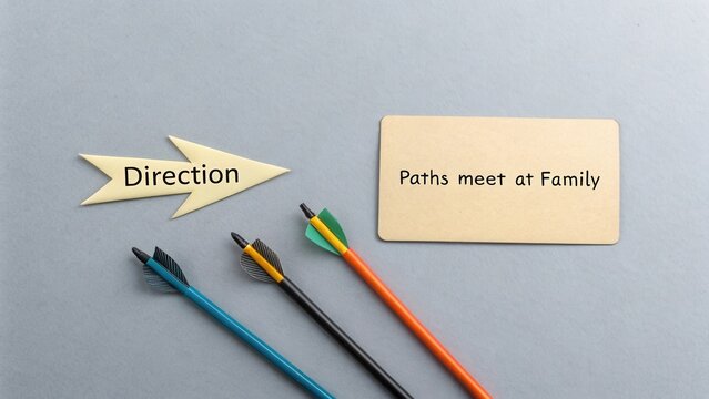 Directional arrows and colorful pens representing pathways converging towards family concepts and connections on gray background