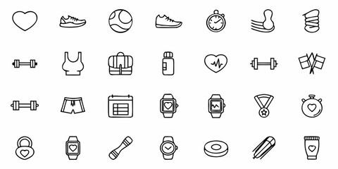Fitness and well-being icons for a healthy lifestyle, perfect for apps or websites. This scalable graphic showcases exercise, nutrition, and self-care essentials