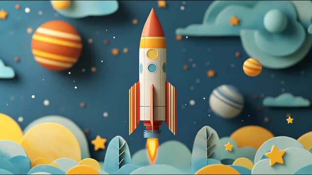 Cartoon rocket ship launching into space with planets and clouds.