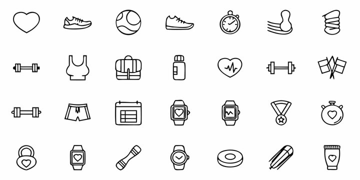 Fitness and well-being icons for a healthy lifestyle, perfect for apps or websites. This scalable graphic showcases exercise, nutrition, and self-care essentials