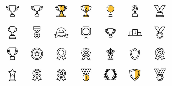 Celebrate Success with this Collection of Achievement Icons! Trophies, Medals, Ribbons, and Shields Visualize Victory in Every Project - Perfect for Recognition Programs