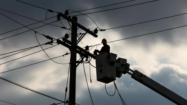Lineman in bucket truck working on power lines against cloudy sky