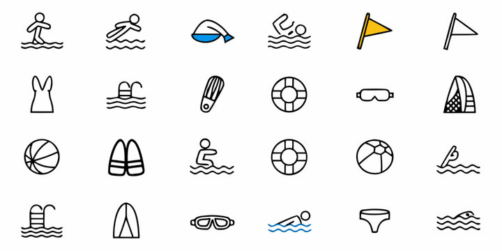Dive into Summer Fun with this Collection of Swimming and Beach Icons, perfect for vacation planners, resort marketing, and travel blogs highlighting aquatic activities