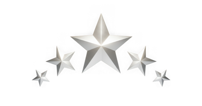 Five silver stars isolated on transparent background, 3d rendering