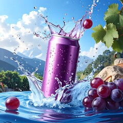 Purple can splashing water grapes