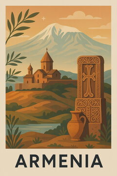 Vintage style travel illustration of Armenia featuring iconic architecture, cozy streets and warm retro tones, detailed scenic composition perfect for tourism, wall art, posters, postcards