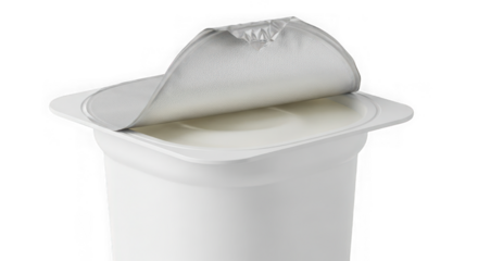 Close up of a yogurt cup with the foil lid partially peeled back isolated on transparent background