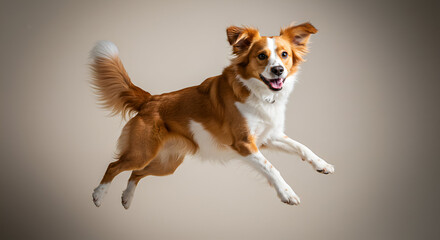 Energetic Border Collie Leaping Mid-Air with Joyful Expression in Studio Setting