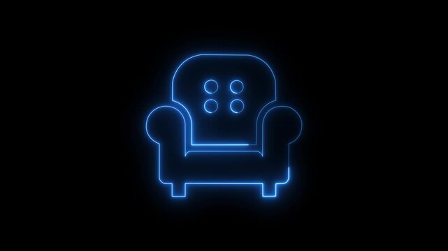 4k Glowing neon line Sofa icon isolated on black background. 4K Video motion graphic animation.  neon outline of a classic armchair on a black background abstract furniture design minimalist modern.