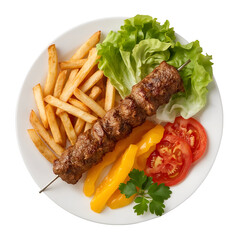 Grilled meat skewer with french fries and fresh vegetables isolated on a transparent background
