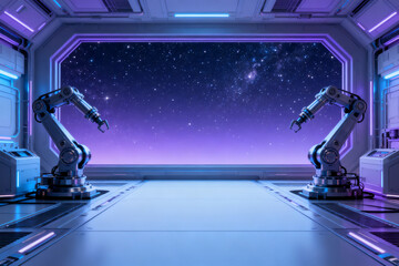 Futuristic robotic arms in space station