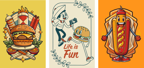 Obraz premium Hot dog and burger, happy snacks, character vintage, sticking nostalgic designs