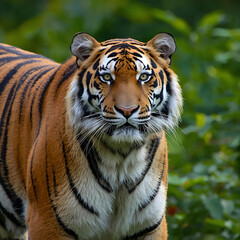 Obraz premium Majestic Bengal Tiger with Intense Gaze, a Symbol of Wild Beauty and Untamed Nature in Lush Greenery
