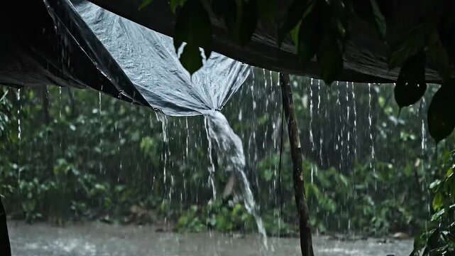 Heavy rain falling from tarpaulin cover during a storm