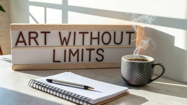 Inspirational workspace setup featuring coffee cup, notebook, and lightbox displaying artistic motivational message - Powered by Adobe