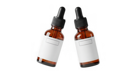 Two amber bottles with blank labels isolated on transparent background mockup