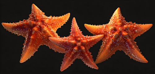 Stunning vibrant orange starfish clustered against a deep black backdrop, perfect for ocean conservation campaigns and marine life educational resources.