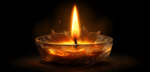 Elegant glowing candle flame illuminating ornate glass bowl with warm light in the darkness, perfect for Diwali, spiritual themes, or peaceful ambiance
