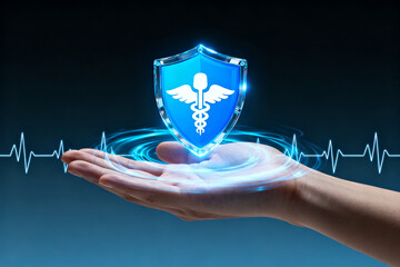 Hand holding glowing medical shield