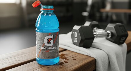 A blue Gatorade bottle with a red cap and a towel on a wooden bench in a gym setting.