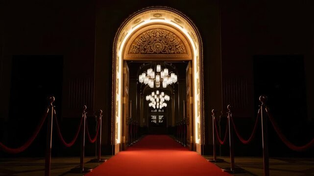 luxurious red carpet entry lined by golden stanchions and velvet ropes leads into grand dark hall An ornate golden archway frames multiple radiant tiered chandeliers illuminating the opulent path