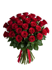 Large bouquet of deep red roses with green leaves and red ribbon isolated on a transparent background 3