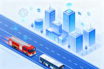 Fire truck on city road with smart icons