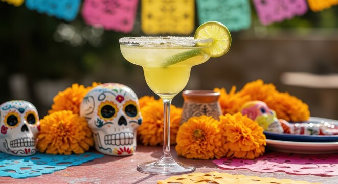 Glass of margarita cocktail with lime and salt on a table decorated with marigold flower and calavera, for a Day of the Dead celebration. Holiday drink with tequila for banner or poster.