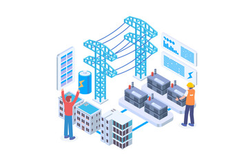 Isometric Power Grid with Battery Storage System and Transmission Towers on a Transparent Background