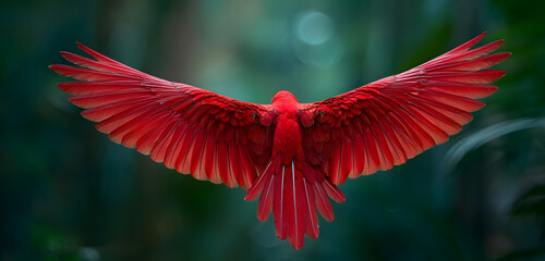Stunning scarlet ibis in flight with vibrant red wings against a lush green background, embodying freedom and nature's beauty