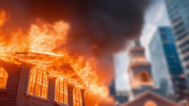 Inferno's Embrace: A historic building is consumed by a roaring inferno, flames fiercely devouring its structure. Dramatic scene showcases the destructive power of fire. 