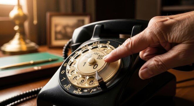 A hand holding a vintage telephone on a wooden table with a lamp and framed picture in the background.