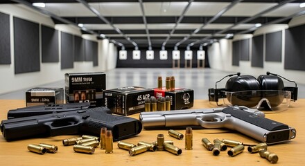 A table with a variety of firearms and ammunition in a shooting range.